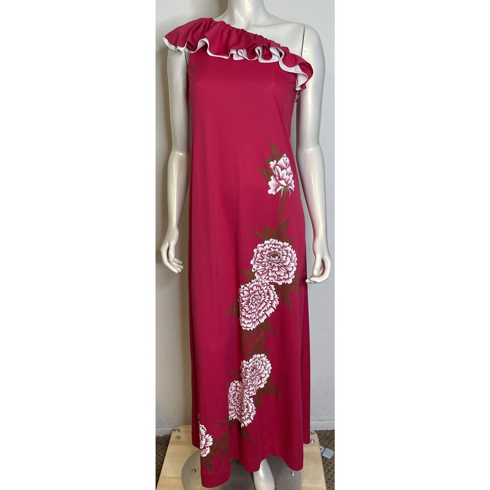 Vintage Alfred Shaheen Hawaiian Maxi Dress 6 One Shoulder Ruffle Pink Floral